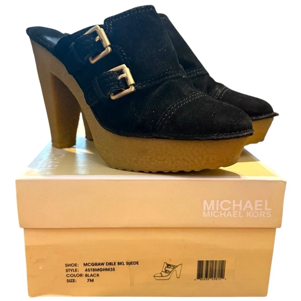 Michael Michael Kors McGraw Double Black Suede Mules Heeled Size 7 Slip On